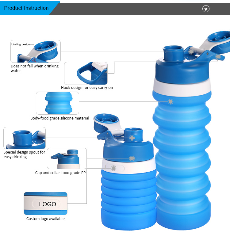 Environmentally Friendly Collapsible Silicone Bottle Customized Logo (17.6 OZ/550ML)