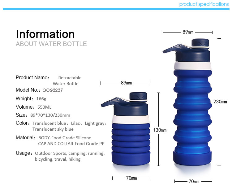 Environmentally Friendly Collapsible Silicone Bottle Customized Logo (17.6 OZ/550ML)